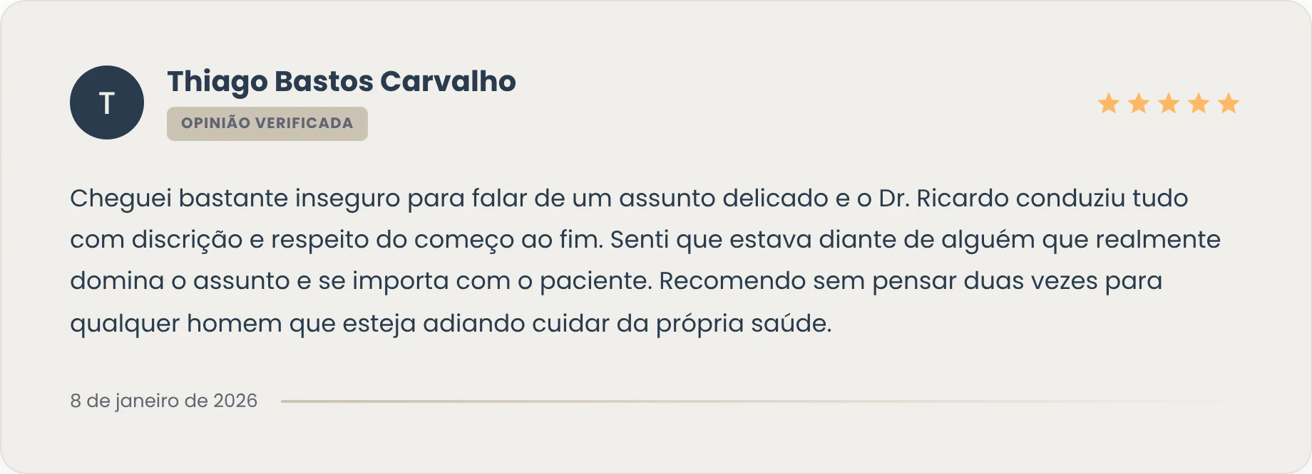 Depoimento de Thiago Carvalho, paciente do Dr. Ricardo Azevedo, urologista em Salvador.